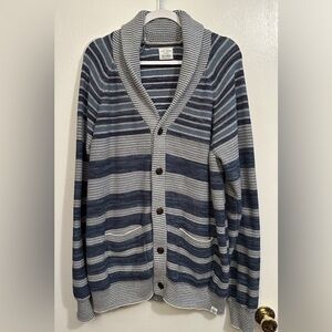 Lucky Brand Mens XXL Cardigan Sweater Shawl Collar Blue Stripe Pockets